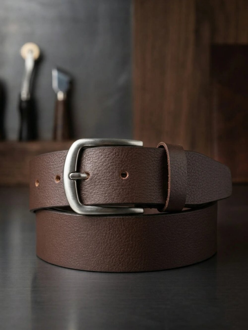 Leather Belt For Men with Classic Heavy Silver Buckle, Brown Belt